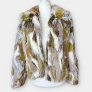 Wild Fable Retro Neutral Multicolor Faux Fur Short Open Front Jacket Size XS